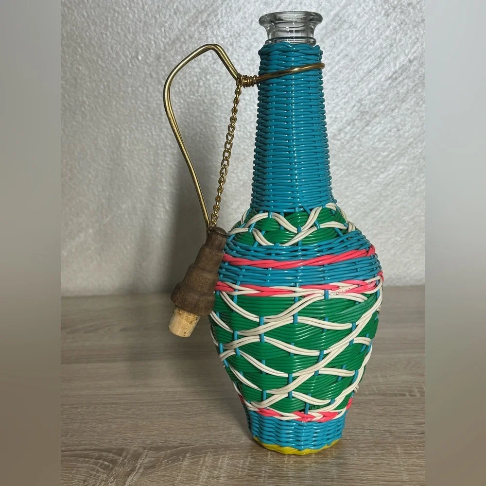 Vintage Spain Wine Bottle Plastic Woven Wicker Metal Handle